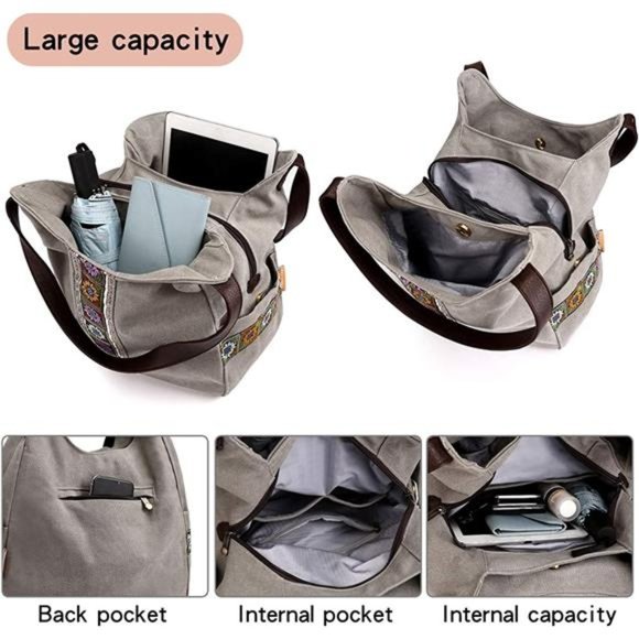 Women Canvas Hobo Purse Multi Pocket Top Handle handbag with Embroidery Ethnic